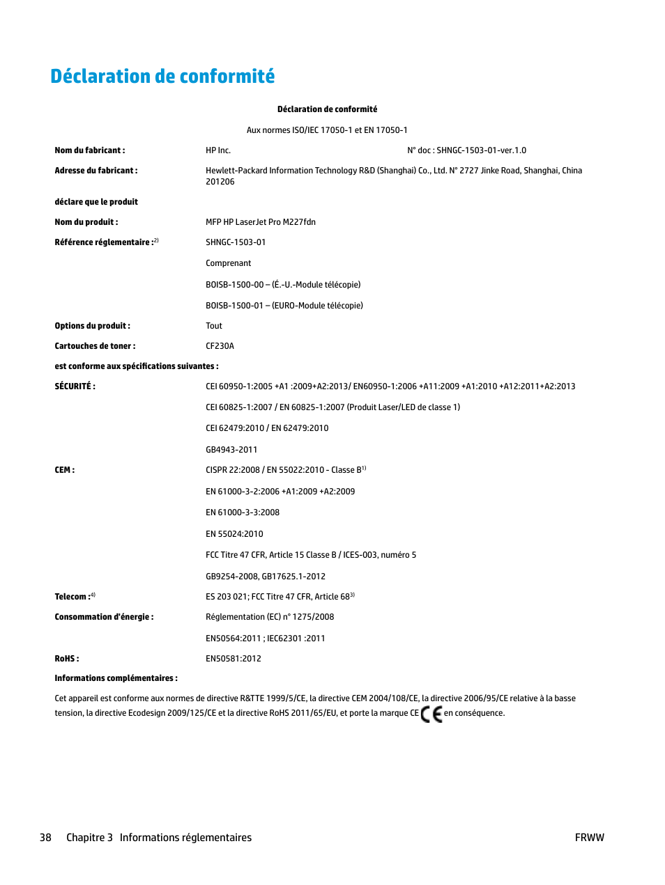 Déclaration de conformité, 38 chapitre 3 informations réglementaires frww | HP LaserJet Pro MFP M227fdw User Manual | Page 46 / 60