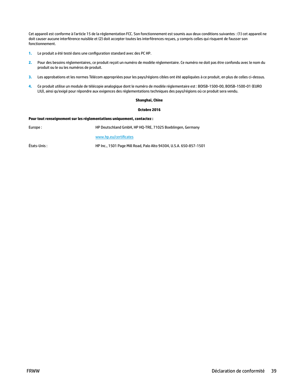 Frww déclaration de conformité 39 | HP LaserJet Pro MFP M227fdw User Manual | Page 47 / 60