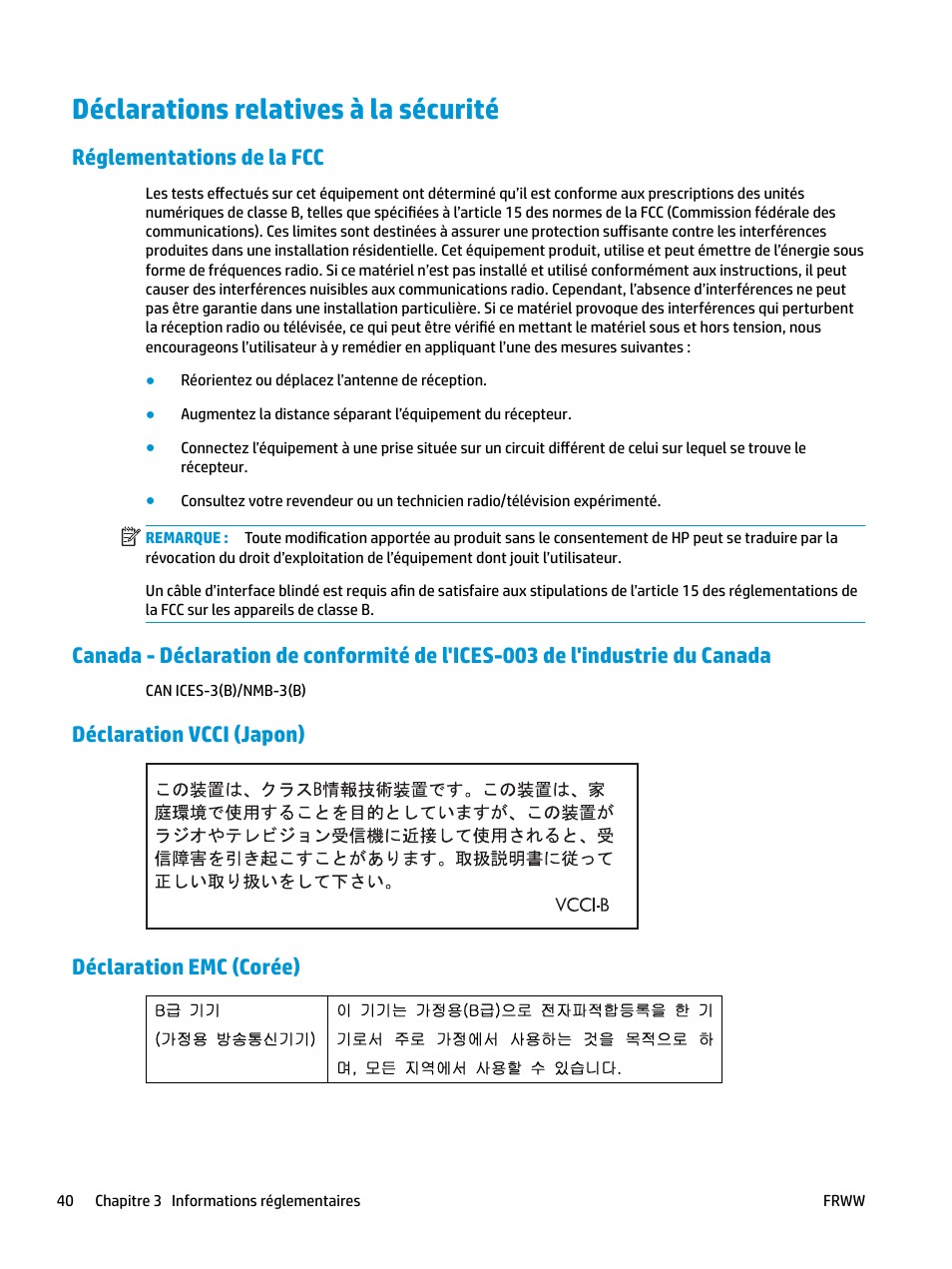 Déclarations relatives à la sécurité, Réglementations de la fcc, Déclaration vcci (japon) | Déclaration emc (corée), Déclaration vcci (japon) déclaration emc (corée) | HP LaserJet Pro MFP M227fdw User Manual | Page 48 / 60