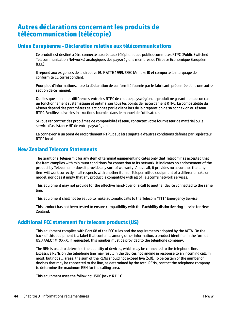 New zealand telecom statements, Additional fcc statement for telecom products (us) | HP LaserJet Pro MFP M227fdw User Manual | Page 52 / 60