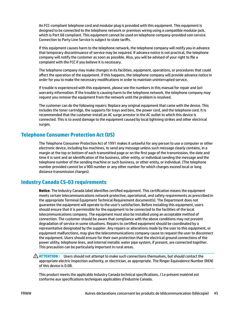 Telephone consumer protection act (us), Industry canada cs-03 requirements | HP LaserJet Pro MFP M227fdw User Manual | Page 53 / 60