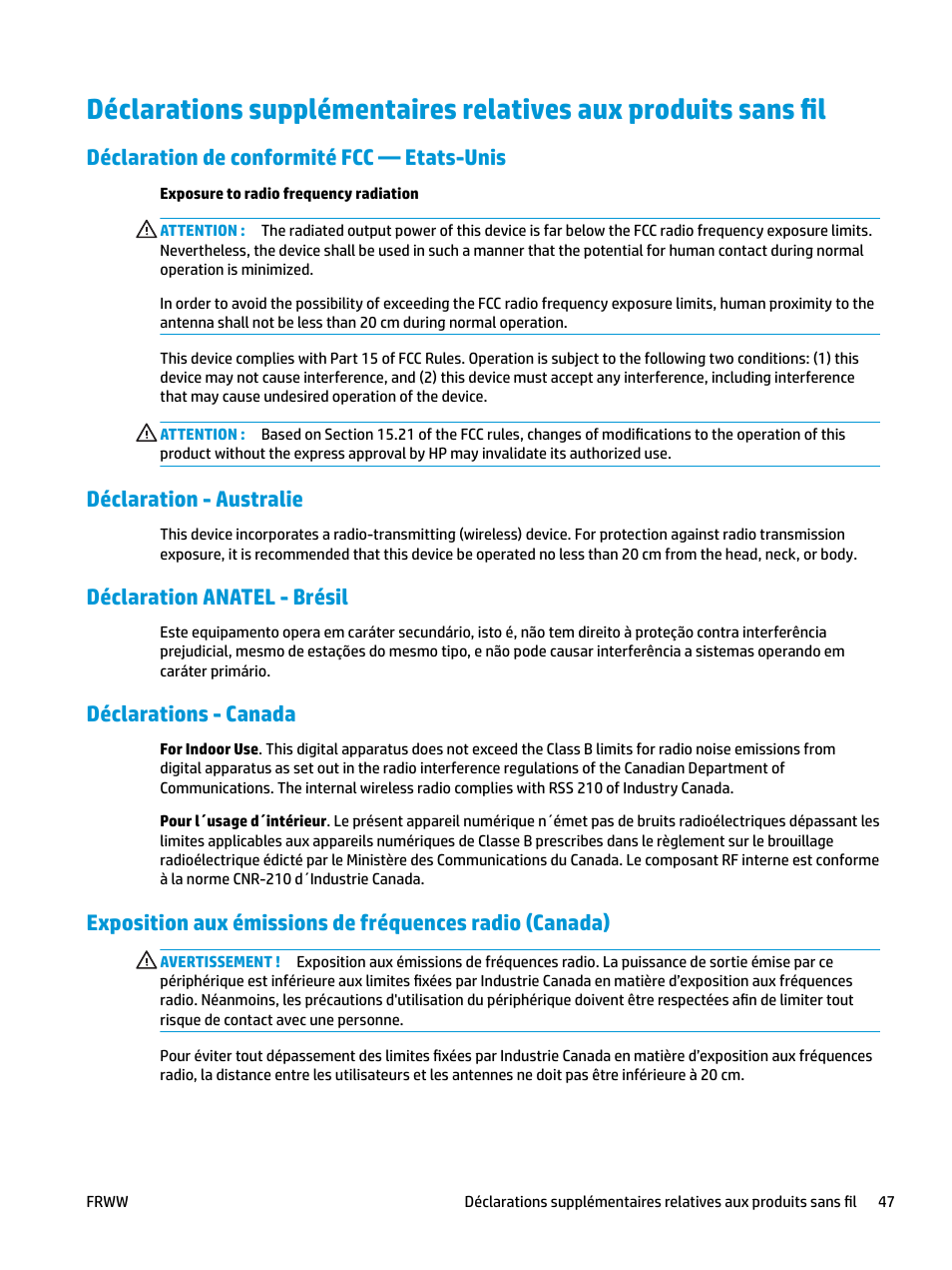 Déclaration de conformité fcc — etats-unis, Déclaration - australie, Déclaration anatel - brésil | Déclarations - canada | HP LaserJet Pro MFP M227fdw User Manual | Page 55 / 60