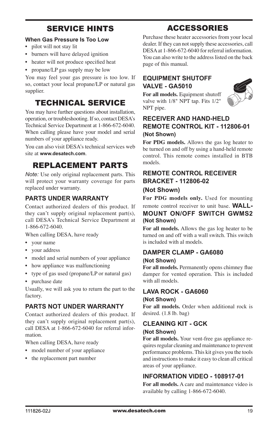 Service hints, Technical service, Replacement parts | Accessories | Design Dynamics VTD-18N-PDG User Manual | Page 19 / 24