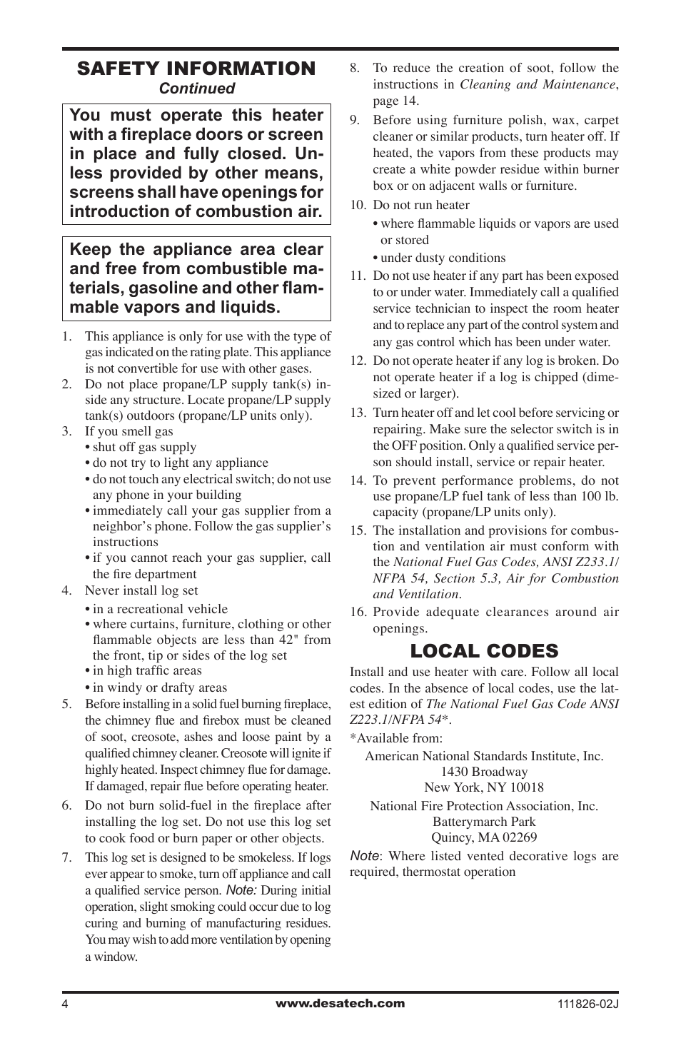 Local codes, Safety information | Design Dynamics VTD-18N-PDG User Manual | Page 4 / 24