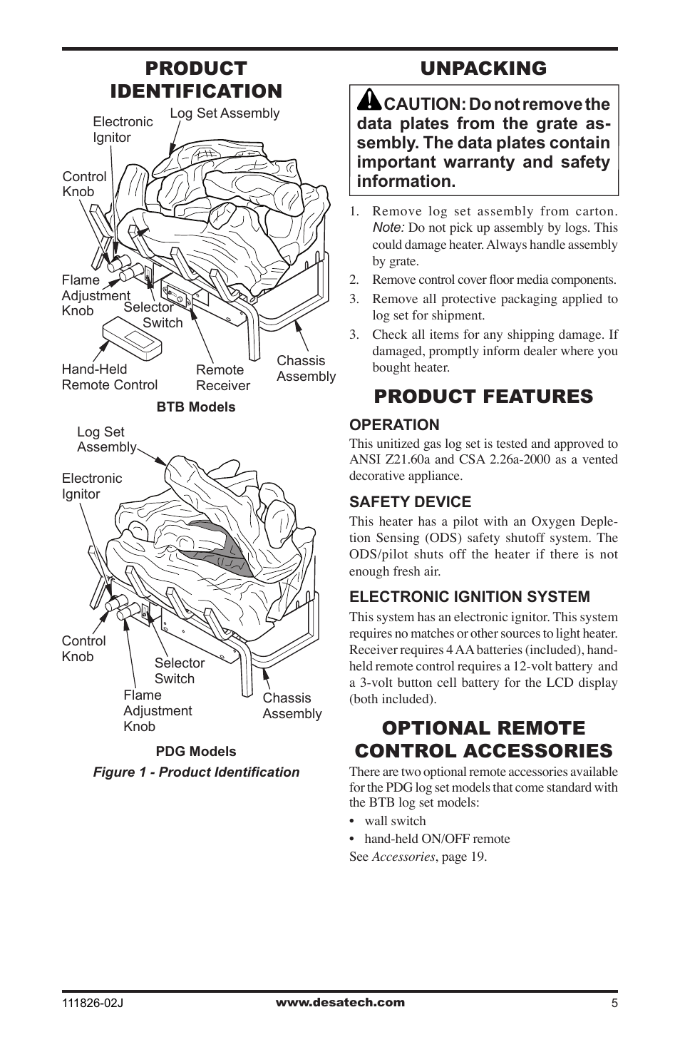 Product identification, Unpacking, Product features | Optional remote control accessories | Design Dynamics VTD-18N-PDG User Manual | Page 5 / 24