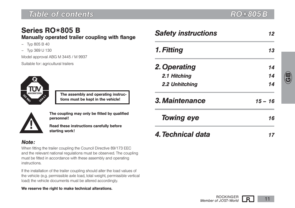 Tta ab blle e o off c co on ntte en ntts s r ro o, Series ro, 805 b | Safety instructions, Fitting, Operating, Maintenance, Towing eye, Technical data | ROCKINGER RO 805 B User Manual | Page 10 / 25