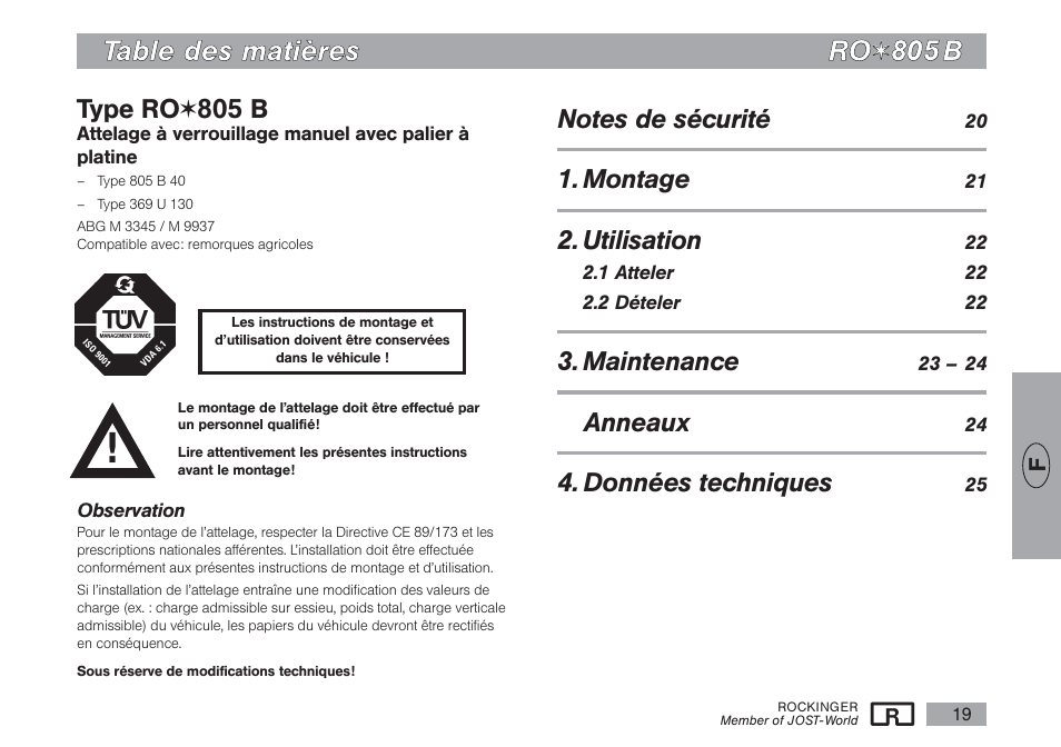 Type ro, 805 b, Montage | Utilisation, Maintenance, Anneaux, Données techniques | ROCKINGER RO 805 B User Manual | Page 18 / 25