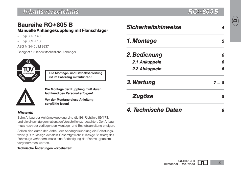 Baureihe ro, 805 b, Sicherheitshinweise | Montage, Bedienung, Wartung, Zugöse, Technische daten | ROCKINGER RO 805 B User Manual | Page 2 / 25