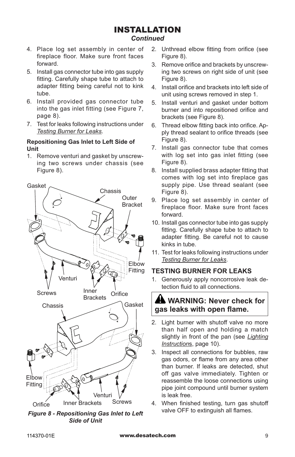 Installation, Warning: never check for gas leaks with open flame | Design Dynamics VTD-24N-JHB User Manual | Page 9 / 16