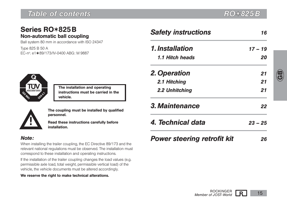 Tta ab blle e o off c co on ntte en ntts s r ro o, Series ro, 825 b | Safety instructions, Installation, Operation, Maintenance, Technical data, Power steering retrofit kit | ROCKINGER RO 825 B User Manual | Page 2 / 14