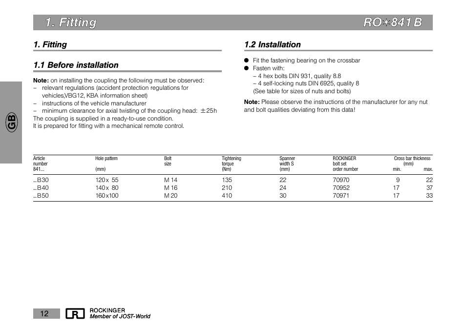 2 installation, Fitting 1.1 before installation | ROCKINGER RO 841 B User Manual | Page 3 / 10