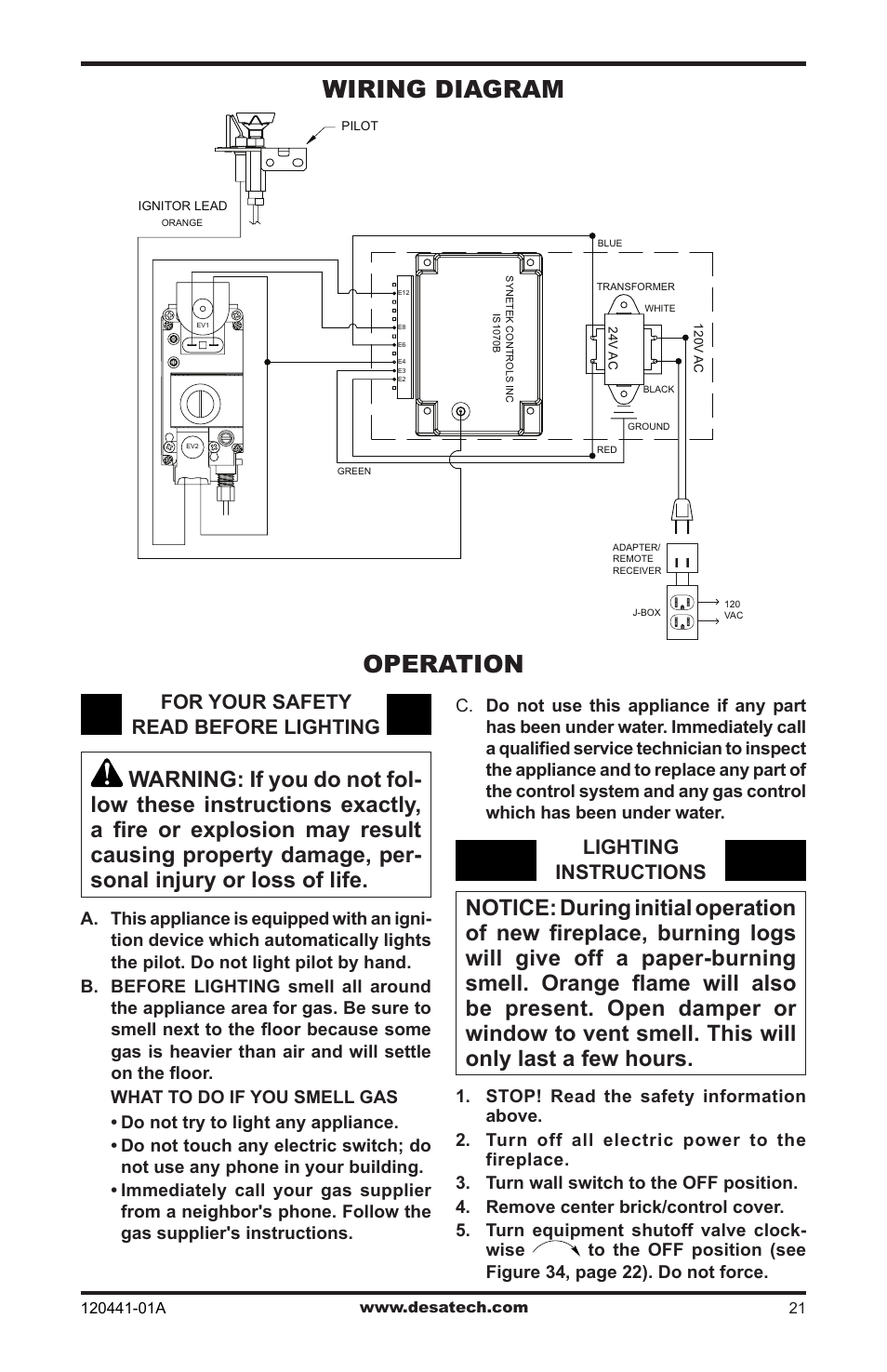 Wiring diagram, Operation, Lighting instructions | For your safety read before lighting | Design Dynamics DVF-36S-N User Manual | Page 21 / 36