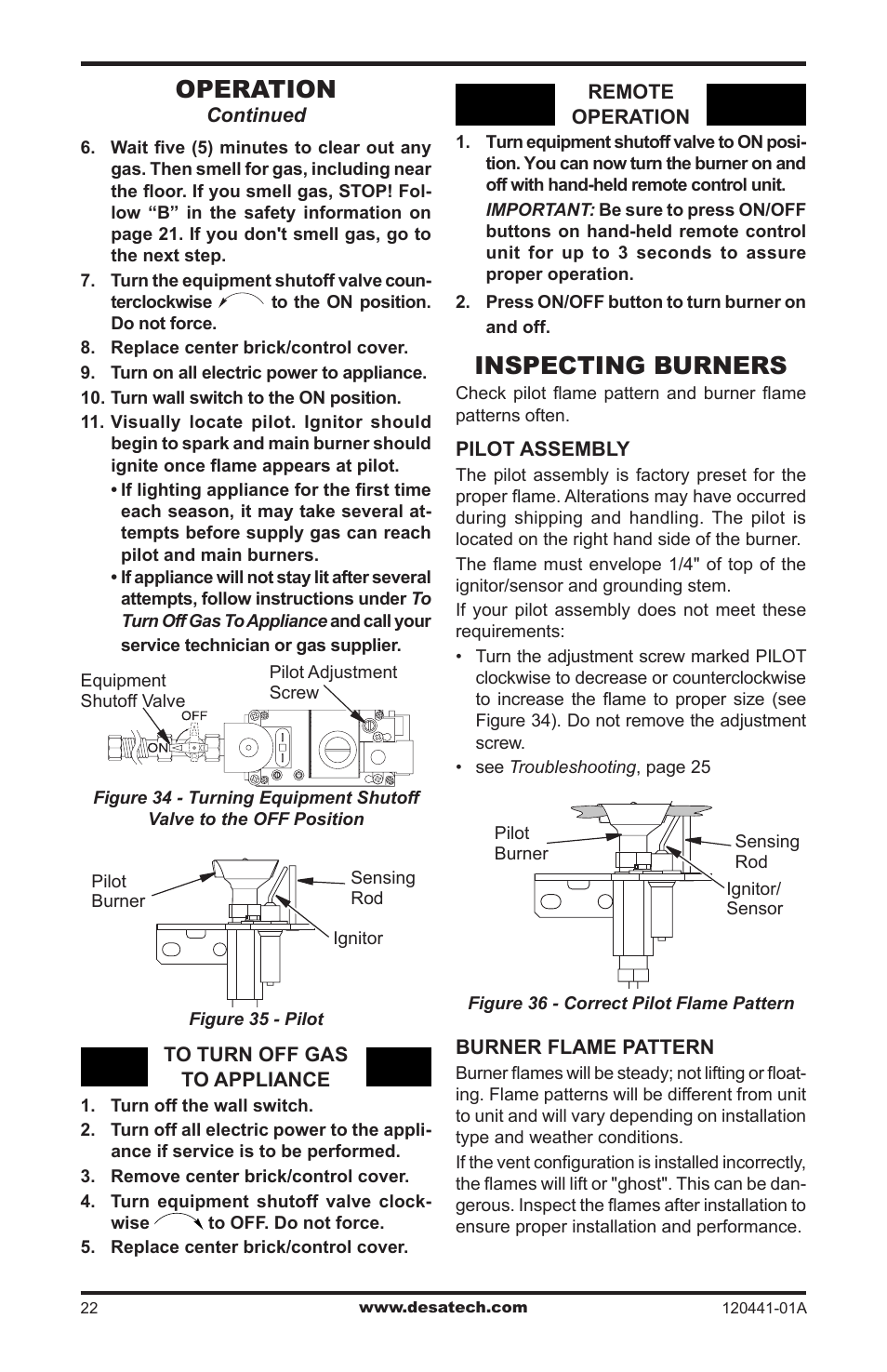 Inspecting burners, Operation | Design Dynamics DVF-36S-N User Manual | Page 22 / 36