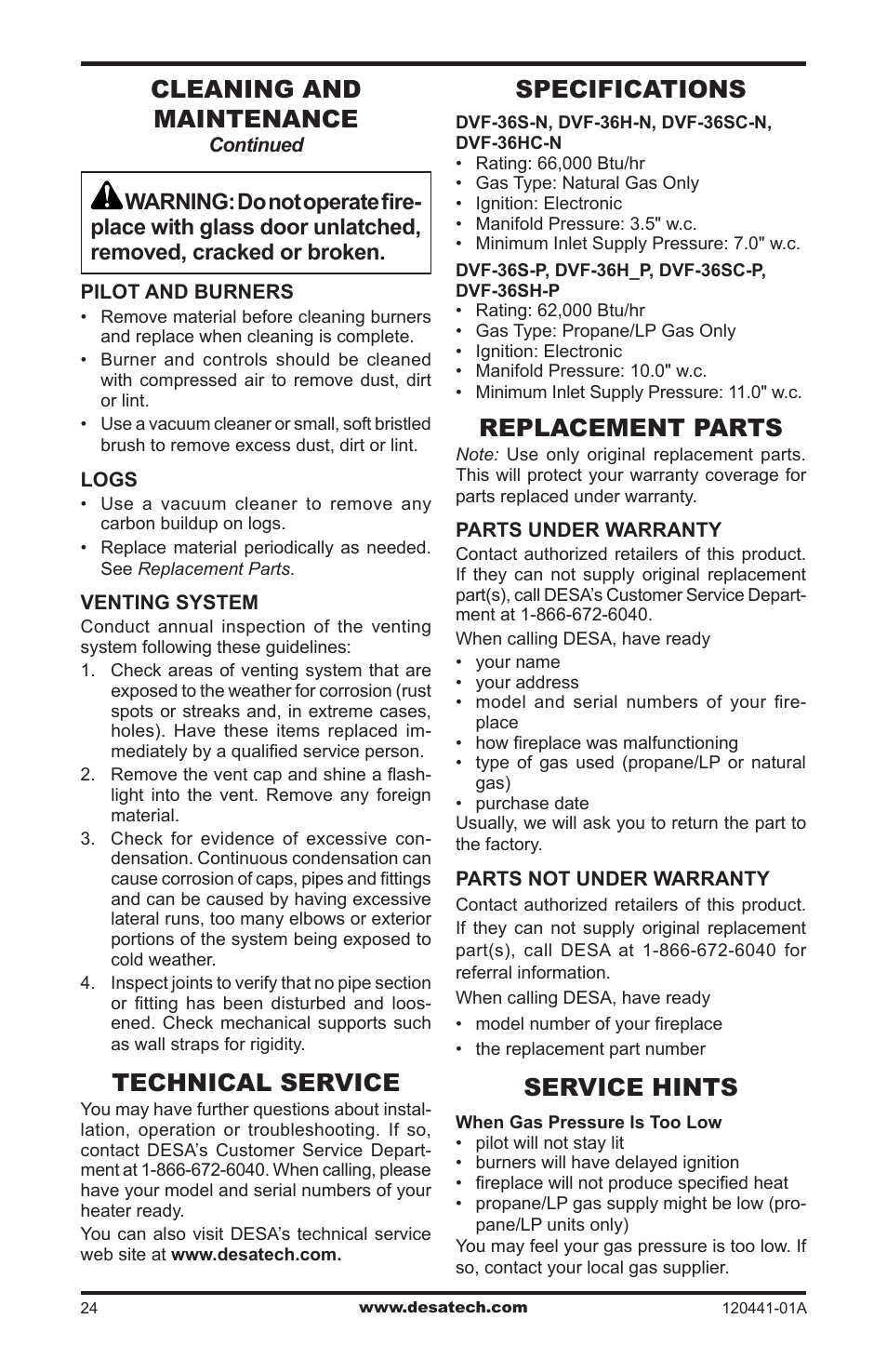 Specifications, Replacement parts, Service hints | Technical service, Cleaning and maintenance | Design Dynamics DVF-36S-N User Manual | Page 24 / 36