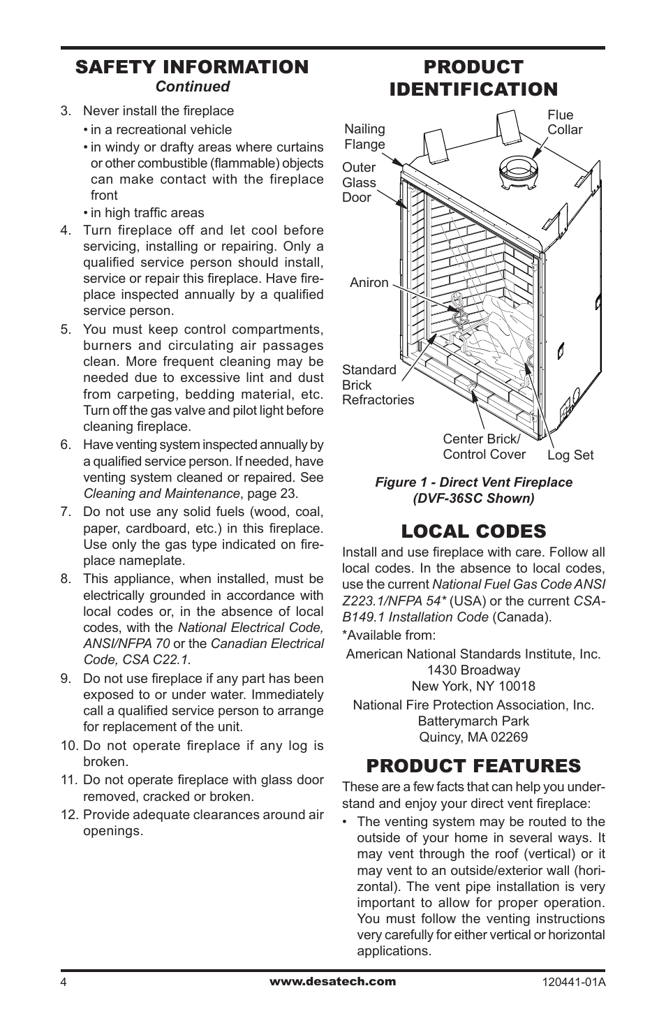 Product identification, Local codes, Product features | Safety information | Design Dynamics DVF-36S-N User Manual | Page 4 / 36