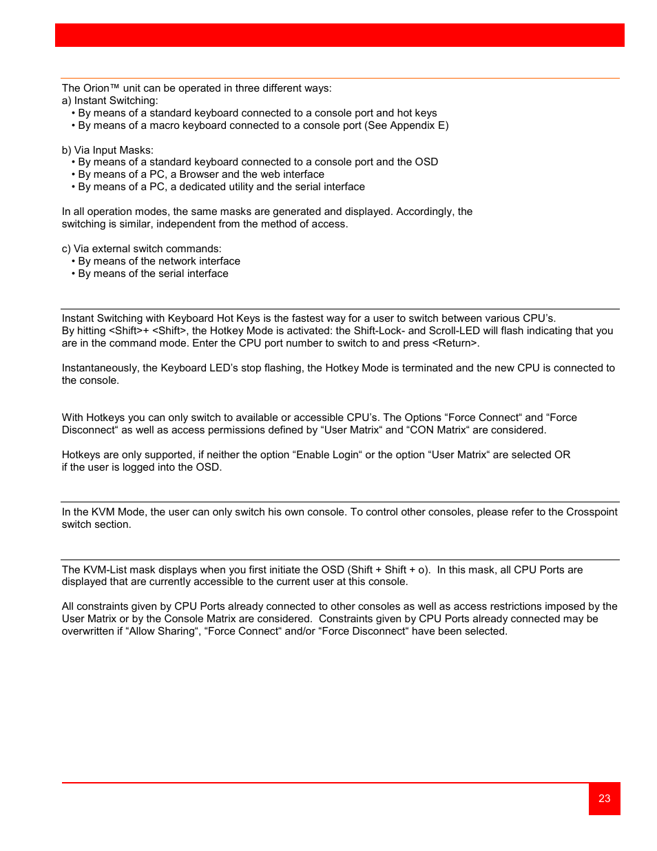 Operation – kvm mode, Operating the orion unit | Rose Electronics Orion User Manual | Page 29 / 60