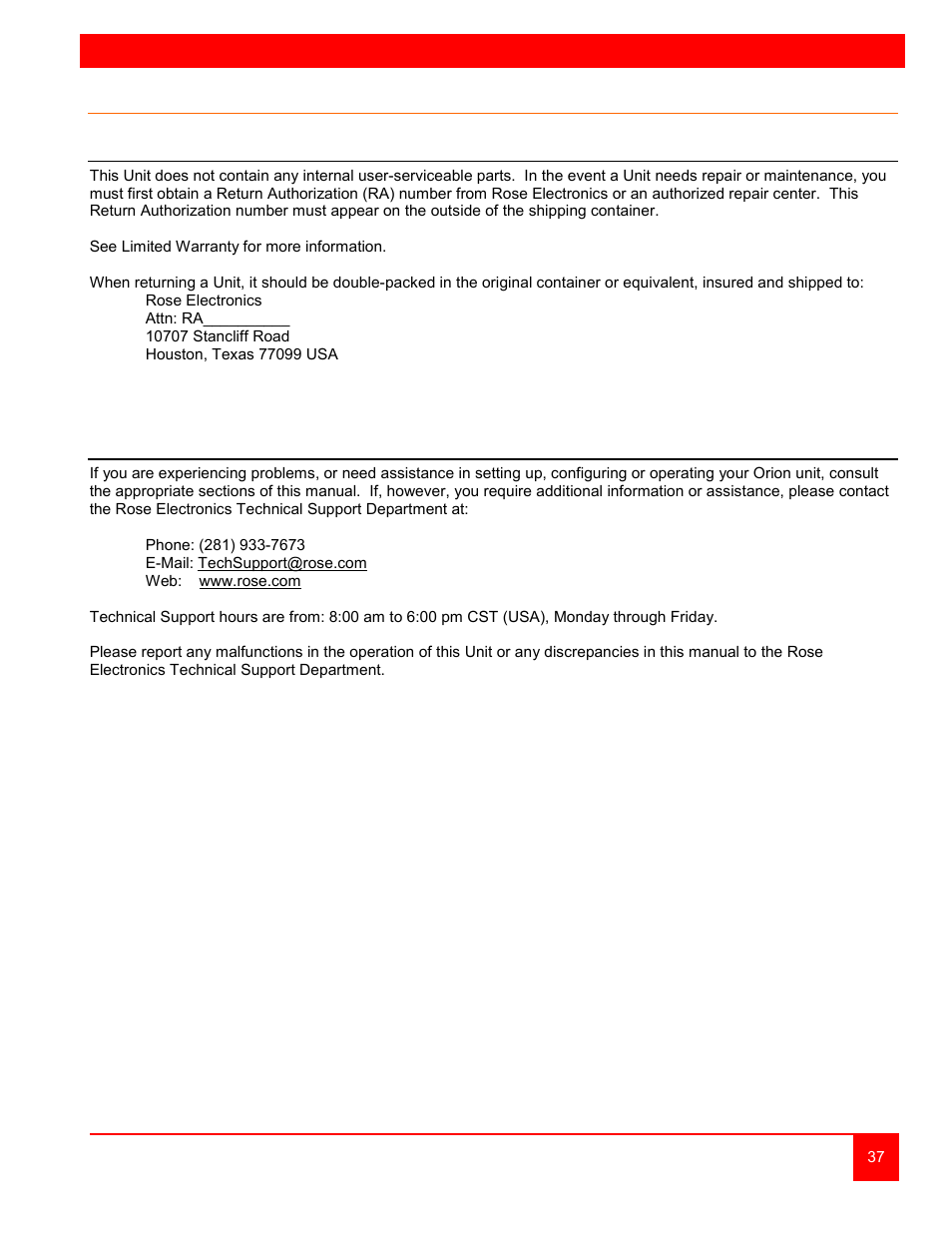 Service and technical support, Service information | Rose Electronics Orion User Manual | Page 43 / 60