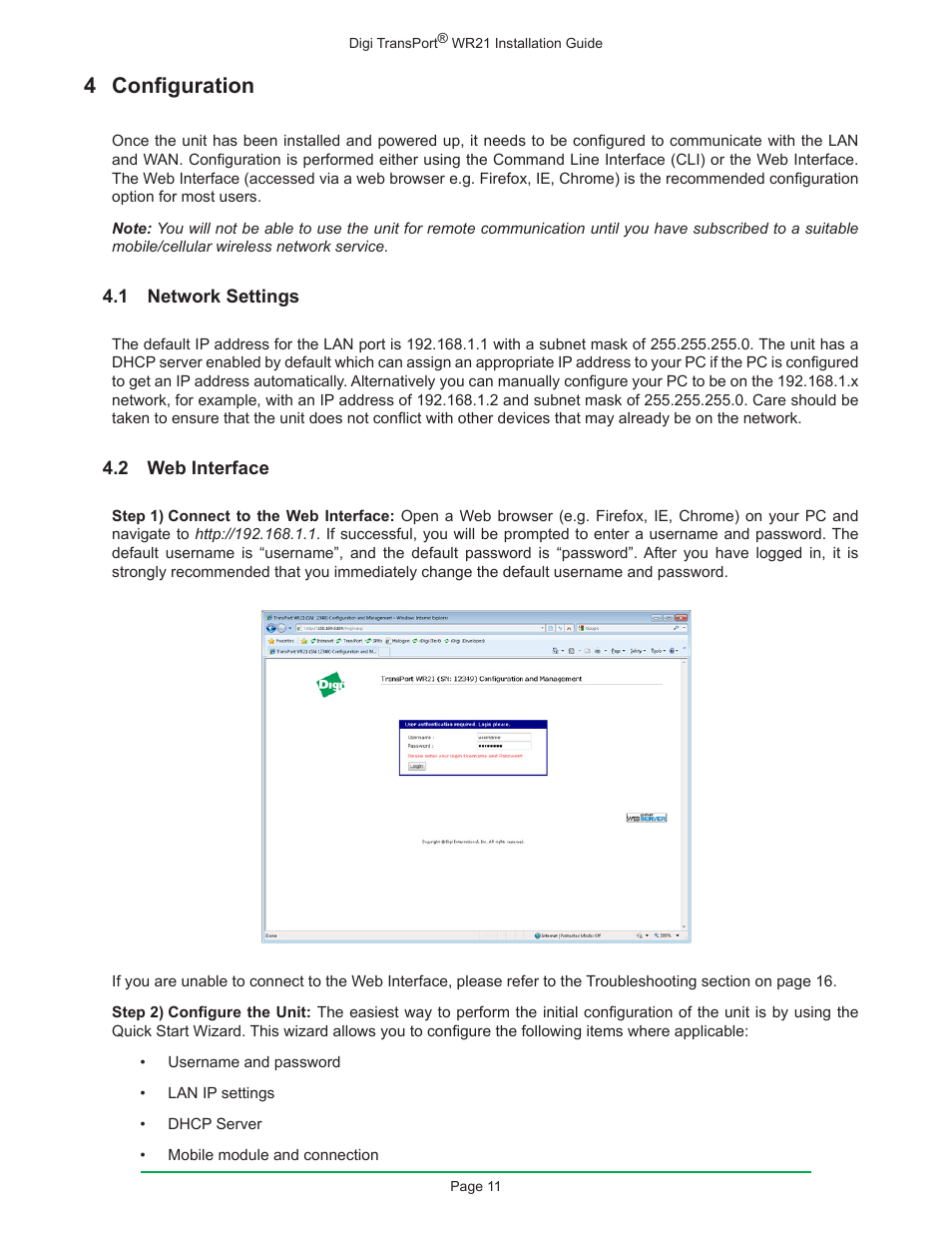 4 configuration, 1 network settings, 2 web interface | 1 network settings 4.2 web interface | Digi W R 2 1 User Manual | Page 11 / 24