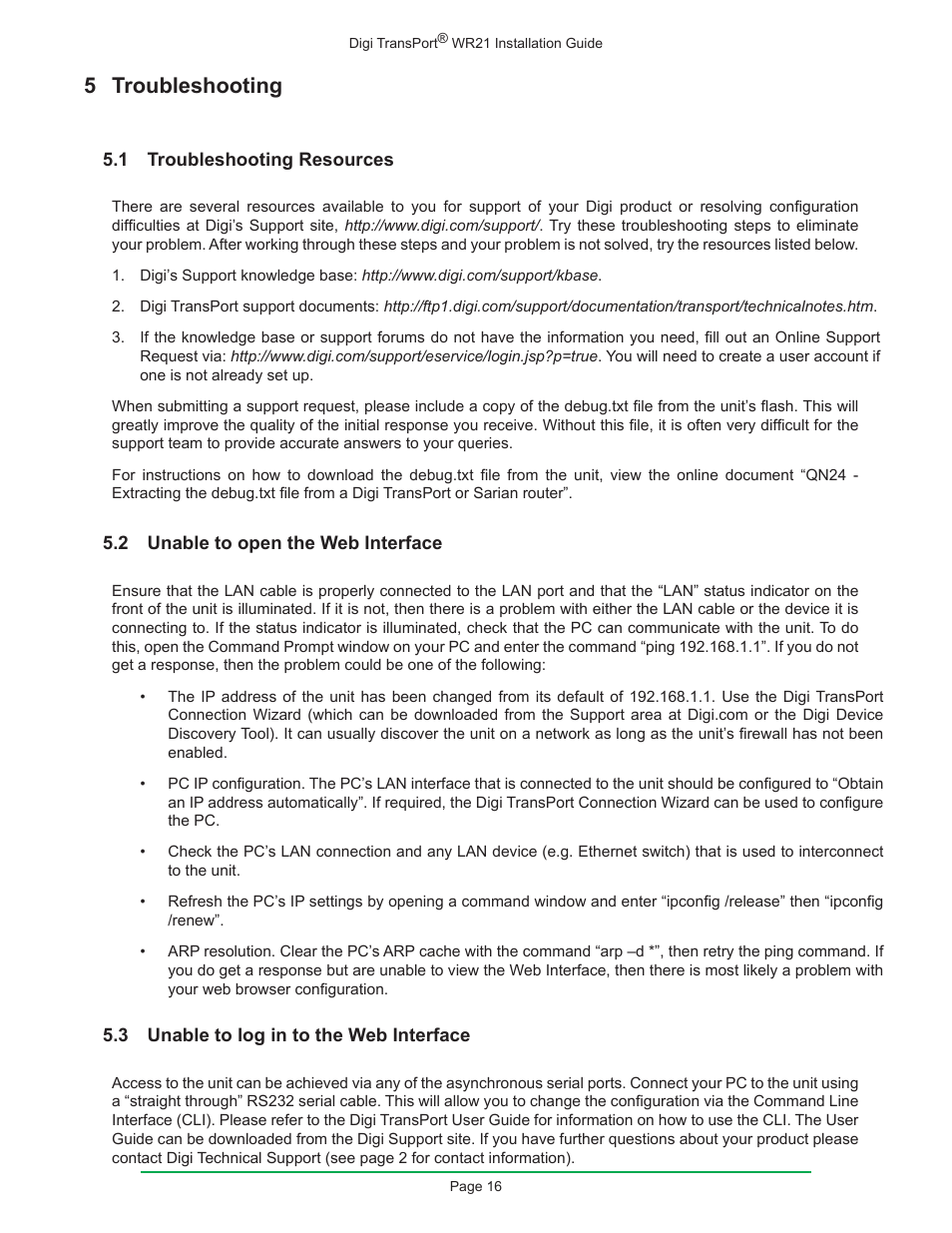 5 troubleshooting, 1 troubleshooting resources, 2 unable to open the web interface | 3 unable to log in to the web interface | Digi W R 2 1 User Manual | Page 16 / 24