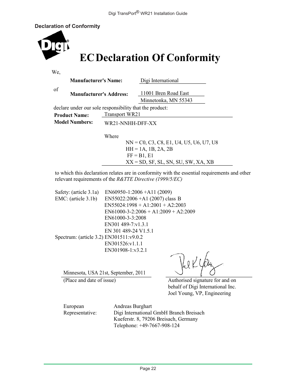 Declaration of conformity | Digi W R 2 1 User Manual | Page 22 / 24