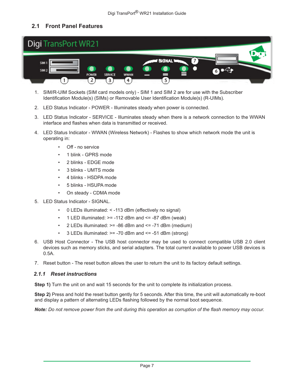 1 front panel features | Digi W R 2 1 User Manual | Page 7 / 24