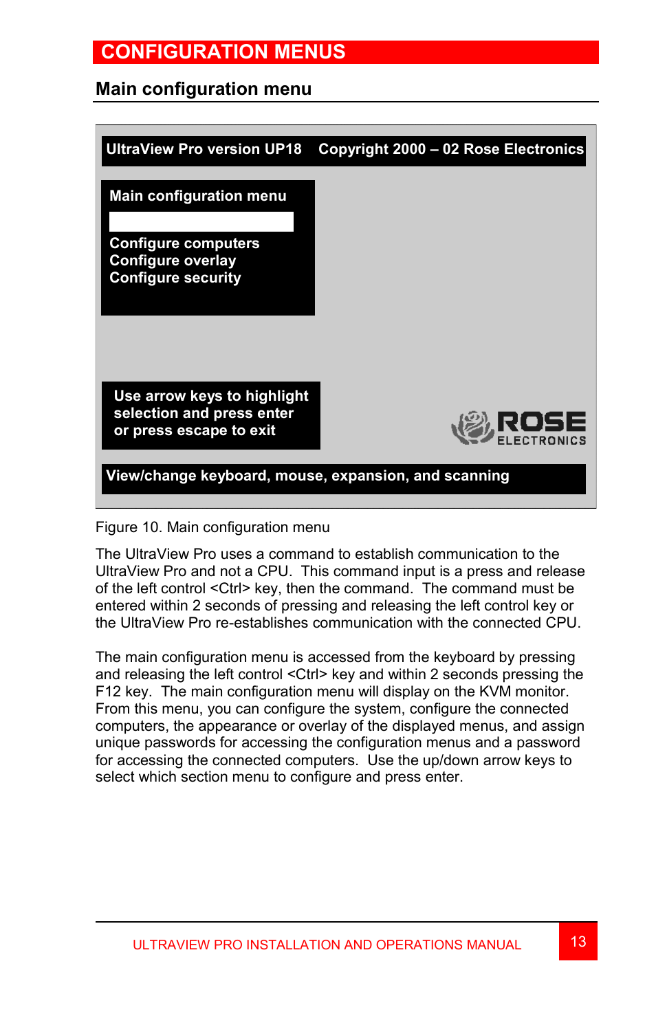 Configuration menus, Main configuration menu | Rose Electronics MultiVideo User Manual | Page 27 / 60