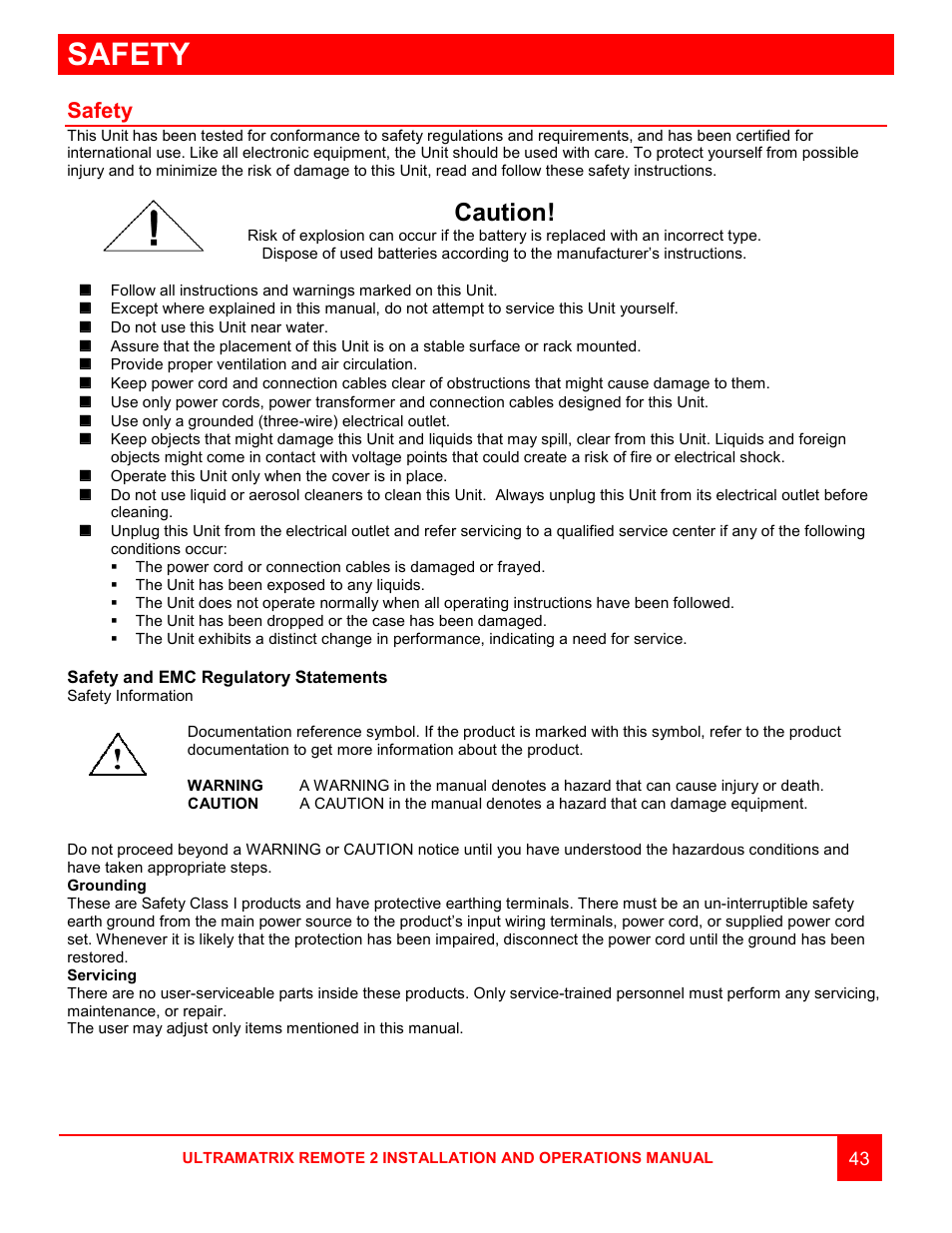 Safety, Caution | Rose Electronics UltraMatrix Remote 2 User Manual | Page 49 / 70