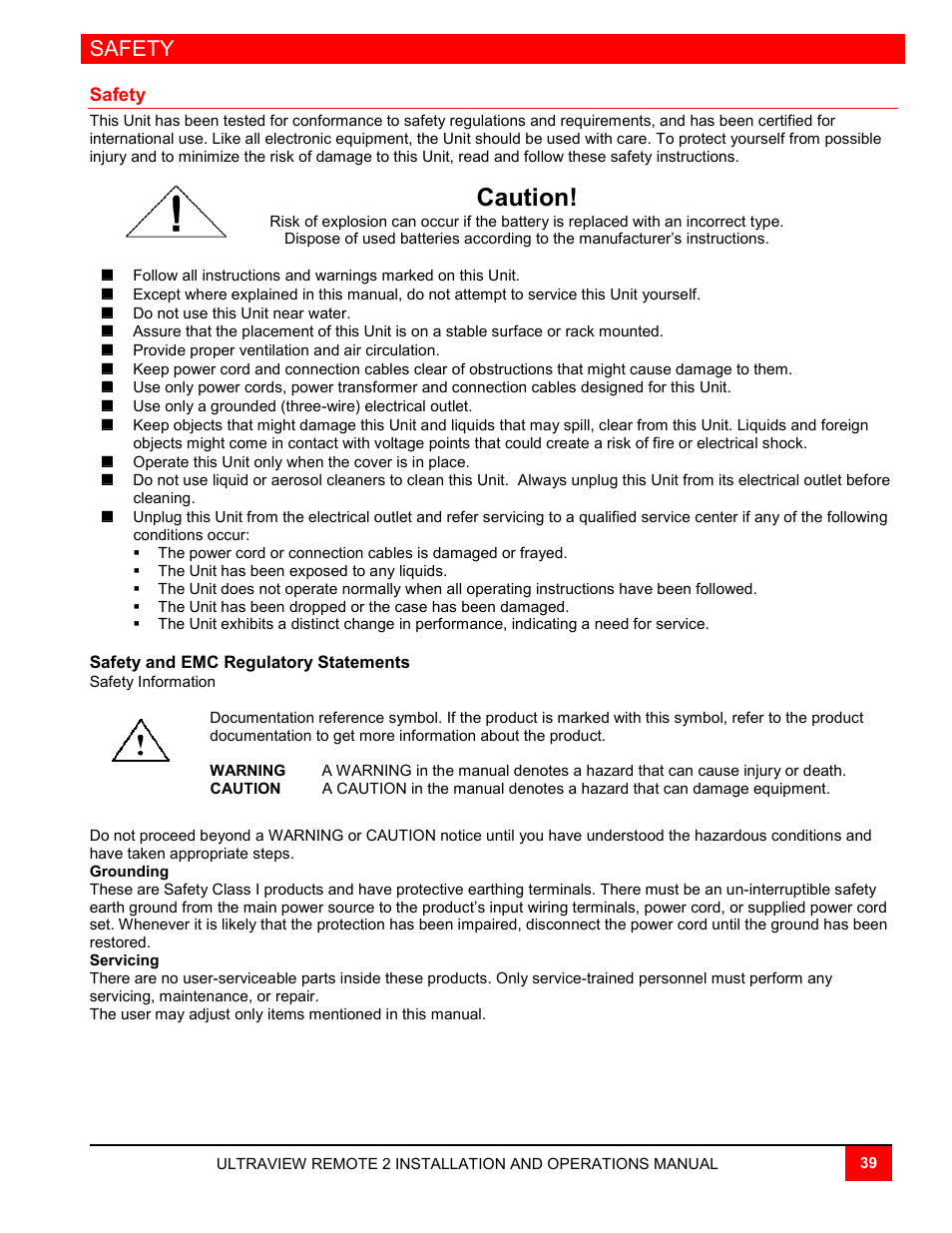 Caution, Safety | Rose Electronics UltraView Remote 2 User Manual | Page 43 / 58