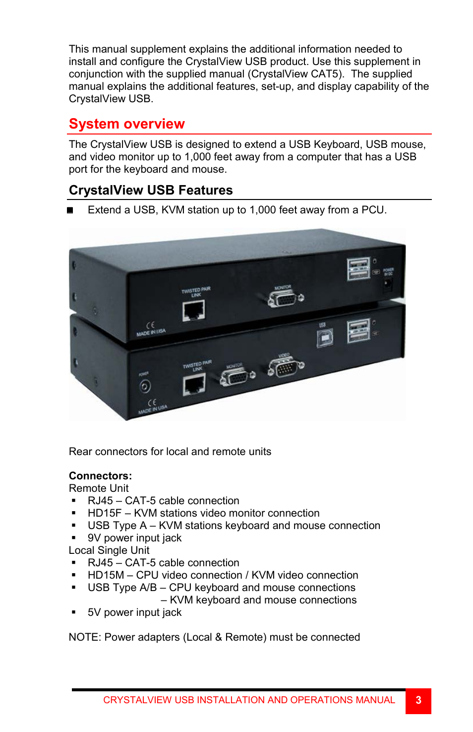 System overview, Crystalview usb features | Rose Electronics CrystalView CAT5 User Manual | Page 3 / 4