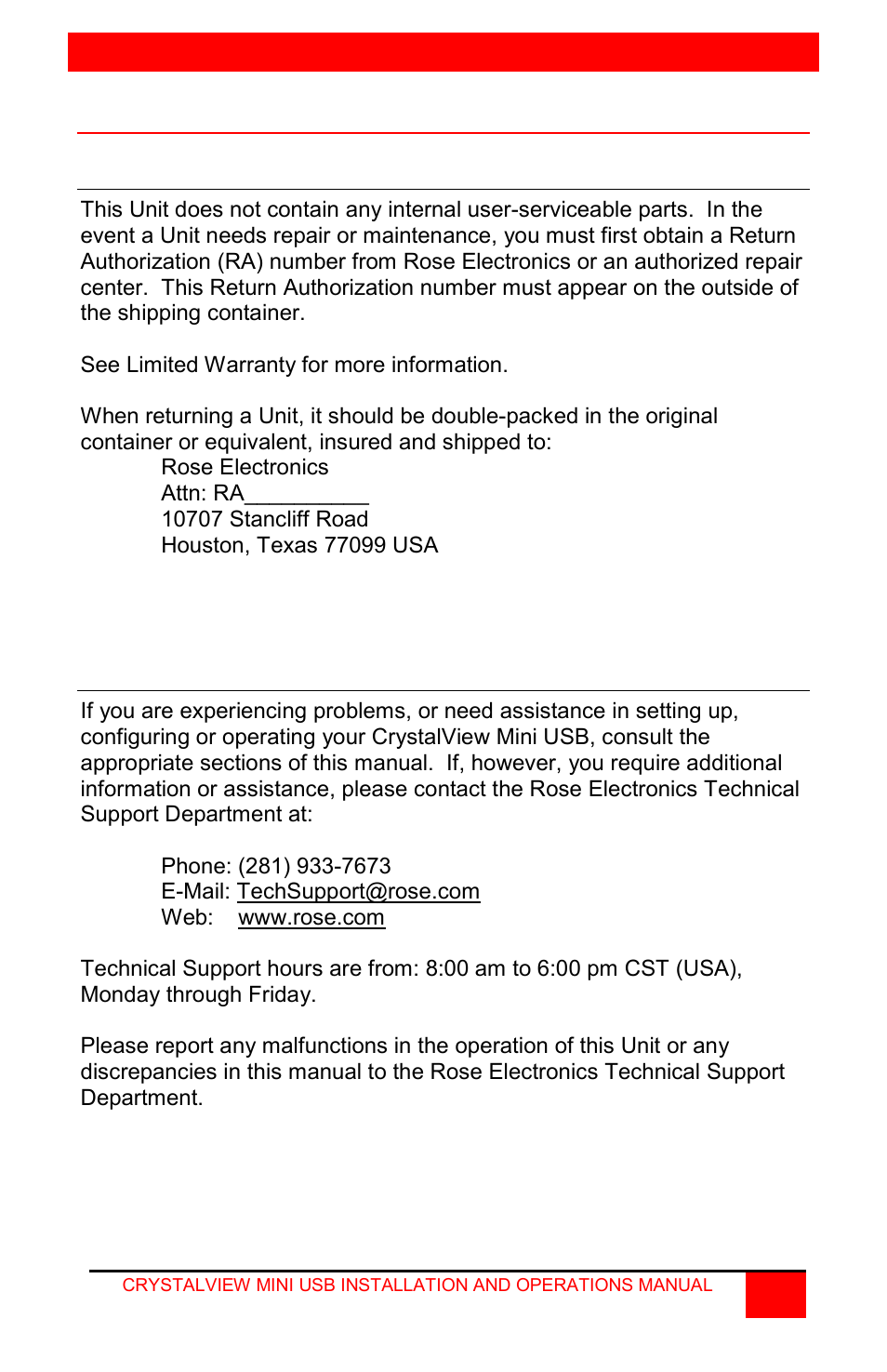 Service information | Rose Electronics CrystalView Mini USB User Manual | Page 19 / 24