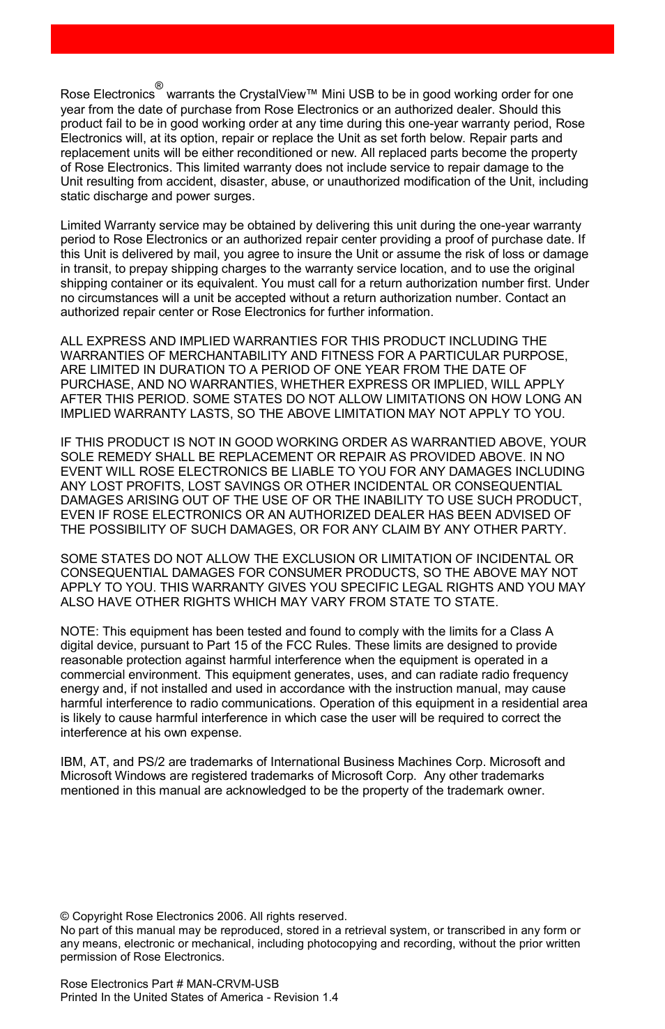 Limited warranty | Rose Electronics CrystalView Mini USB User Manual | Page 2 / 24