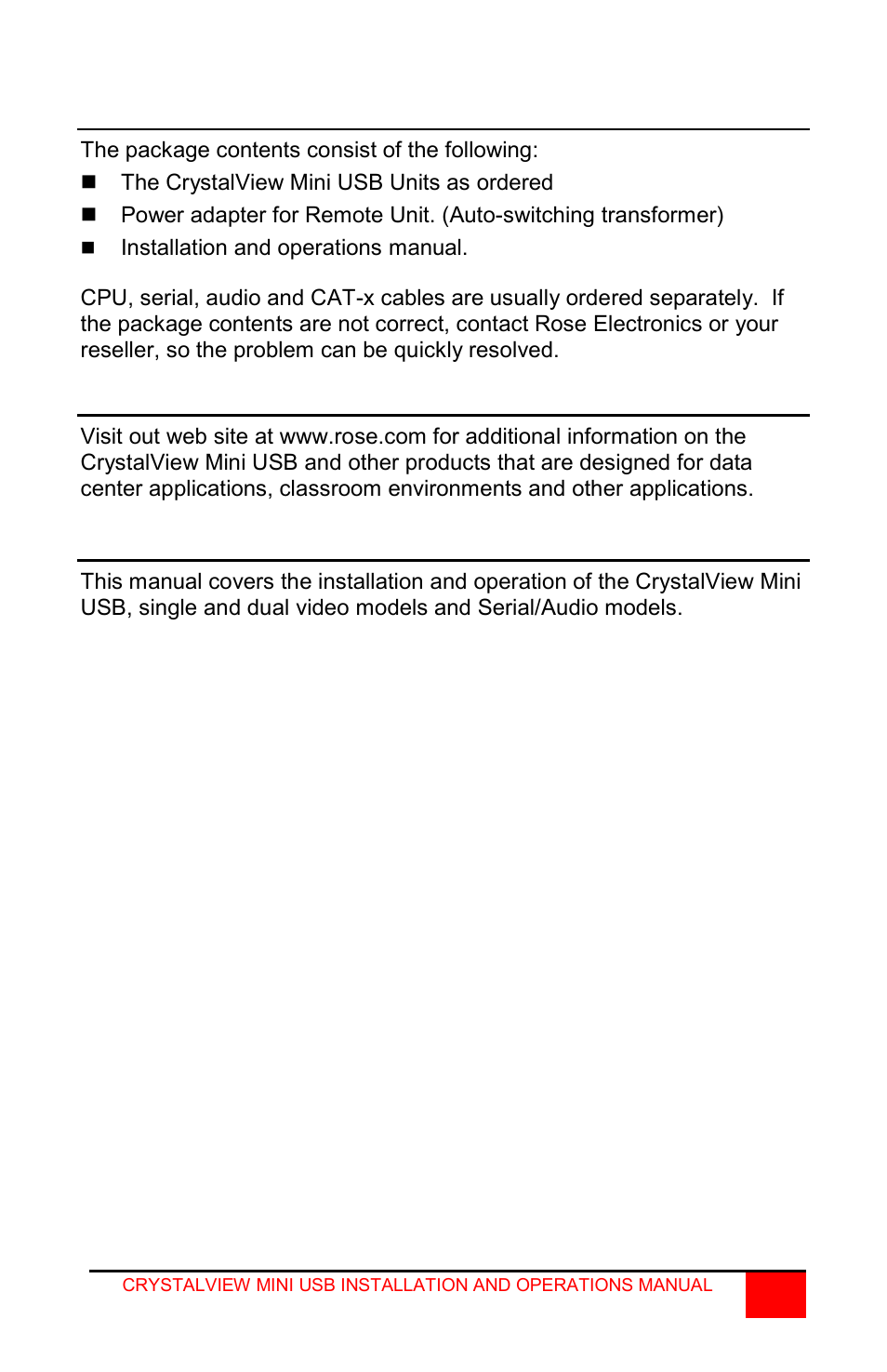 Rose electronics web site, About this manual, Installation and operations manual | Rose Electronics CrystalView Mini USB User Manual | Page 9 / 24