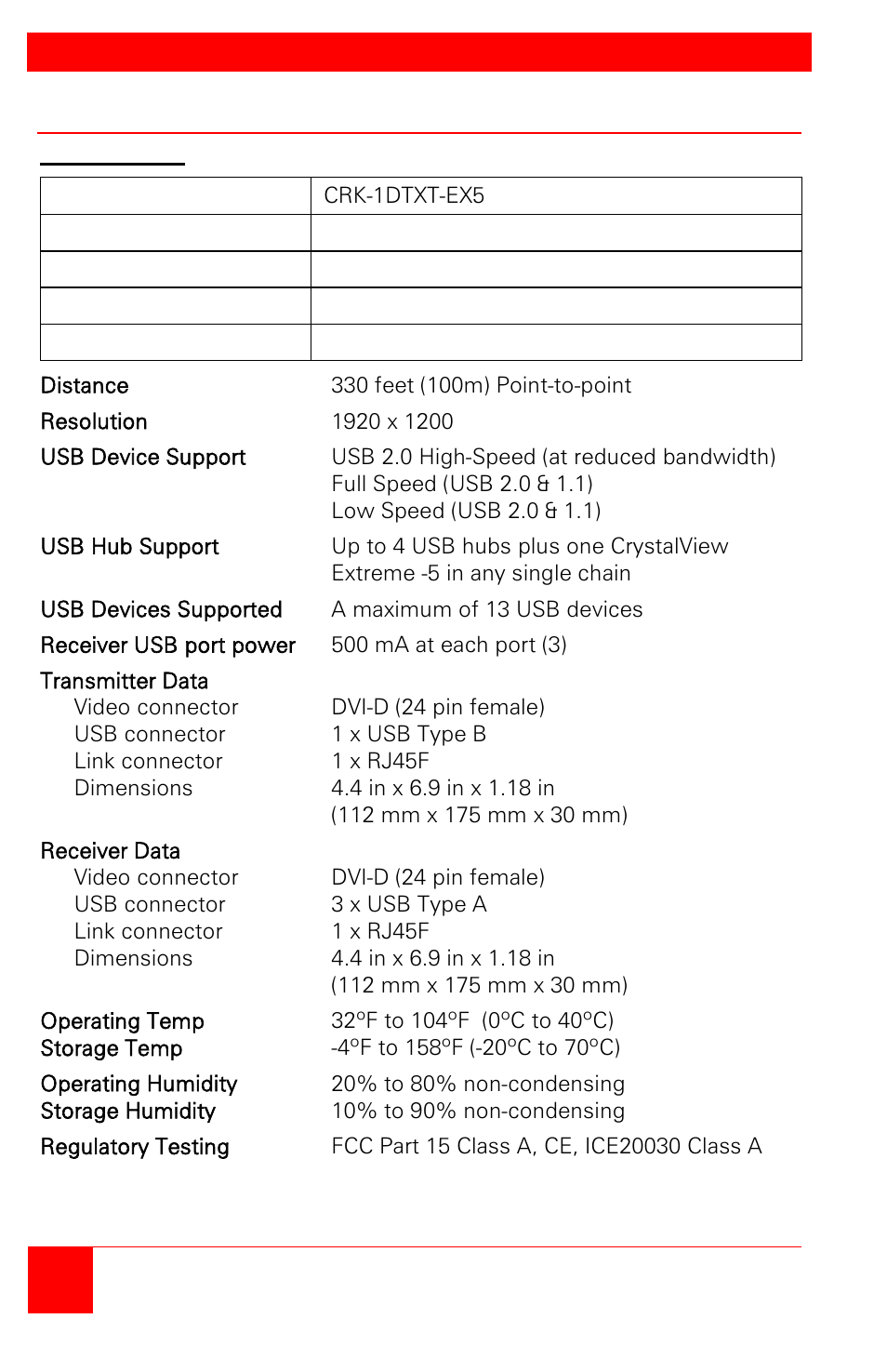 Appendix a – general specifications | Rose Electronics CrystalView EX5 DVI User Manual | Page 18 / 20