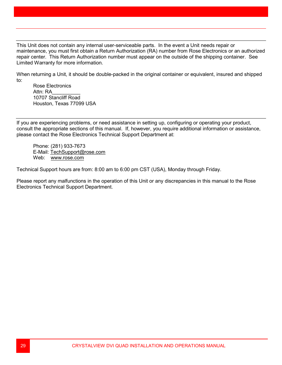 Service | Rose Electronics CrystalView DVI Quad User Manual | Page 33 / 42