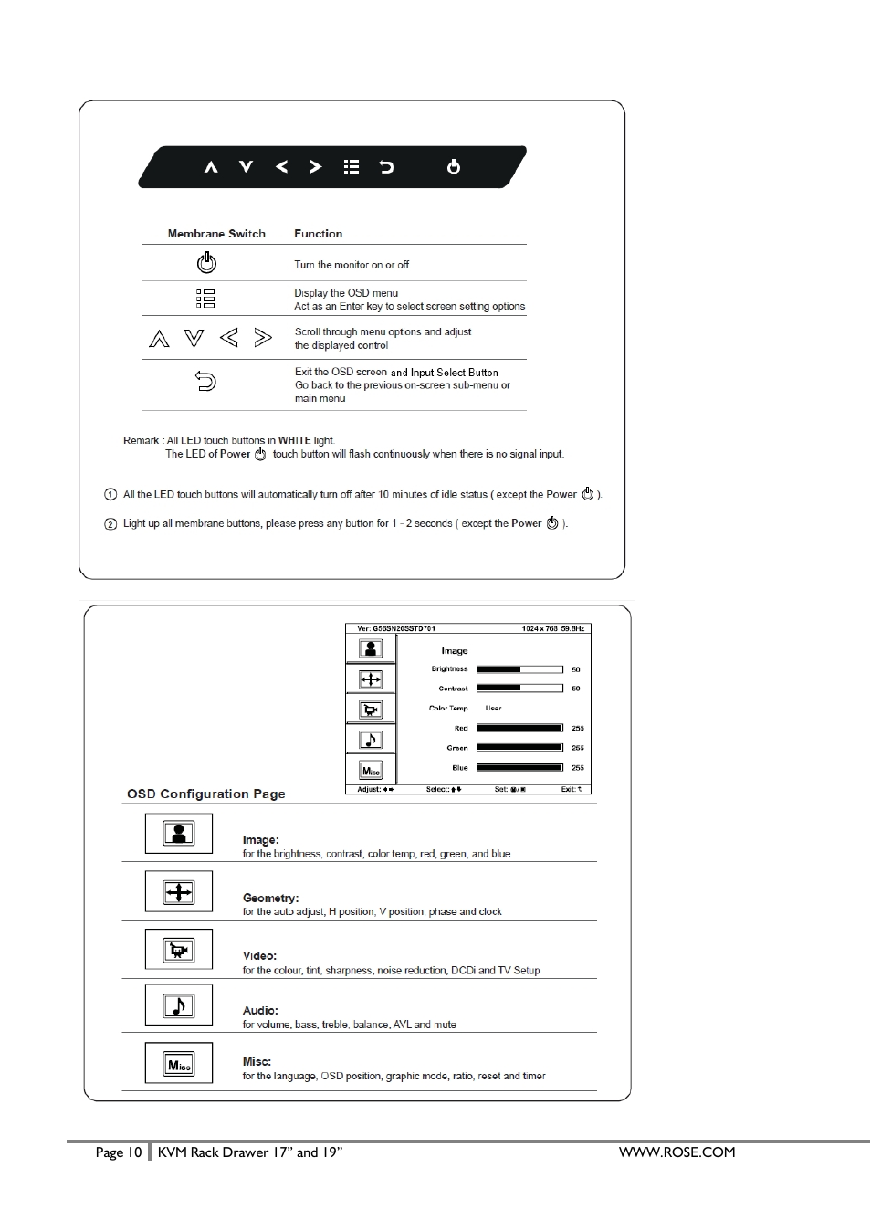 On-screen display operation ( osd ) | Rose Electronics RackView User Manual | Page 12 / 14