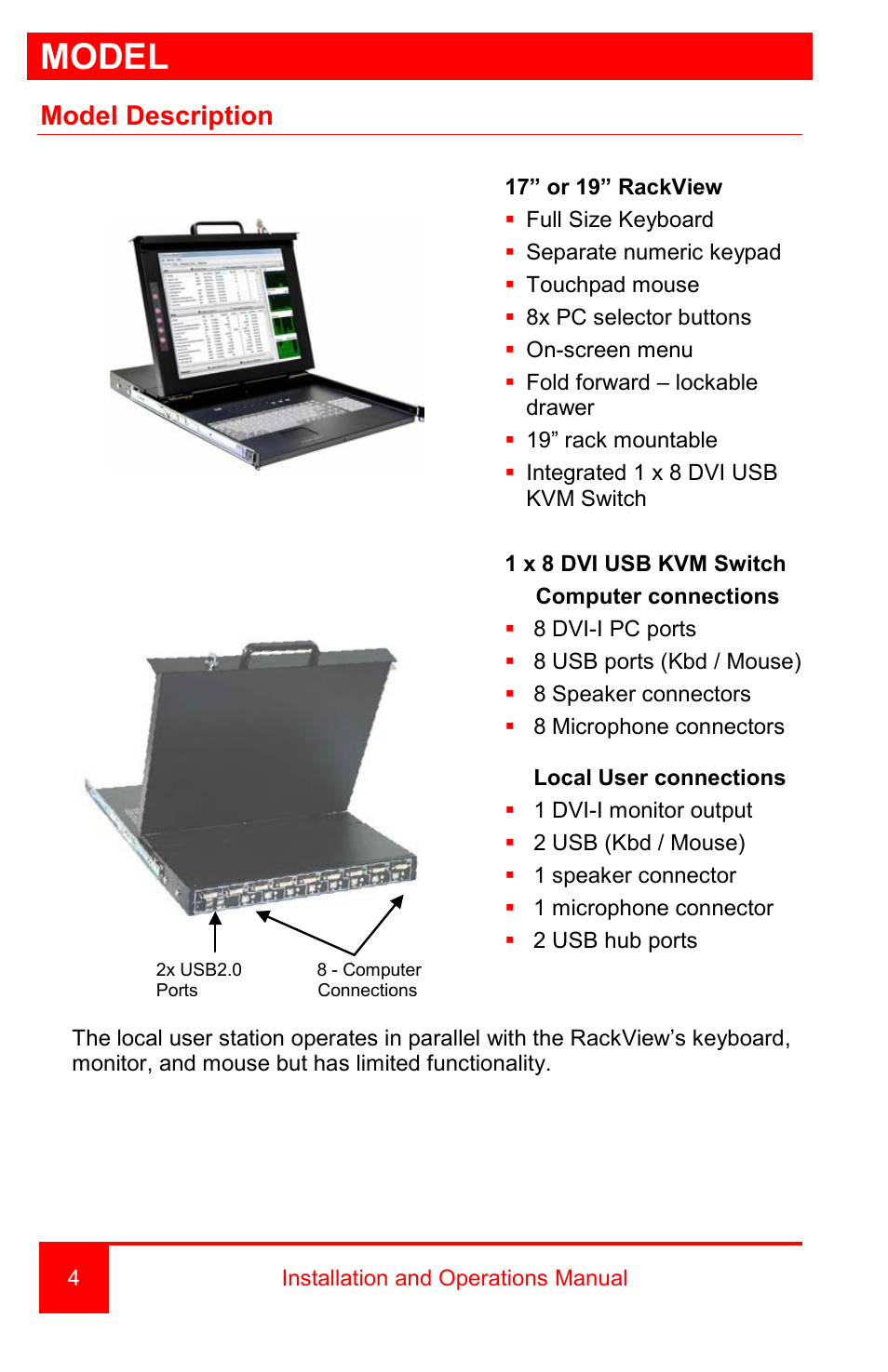 Model, Model description | Rose Electronics RackView Switch User Manual | Page 8 / 26