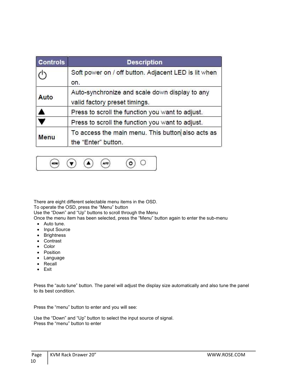 Osd function and front panel controls | Rose Electronics RackView 20 User Manual | Page 10 / 16