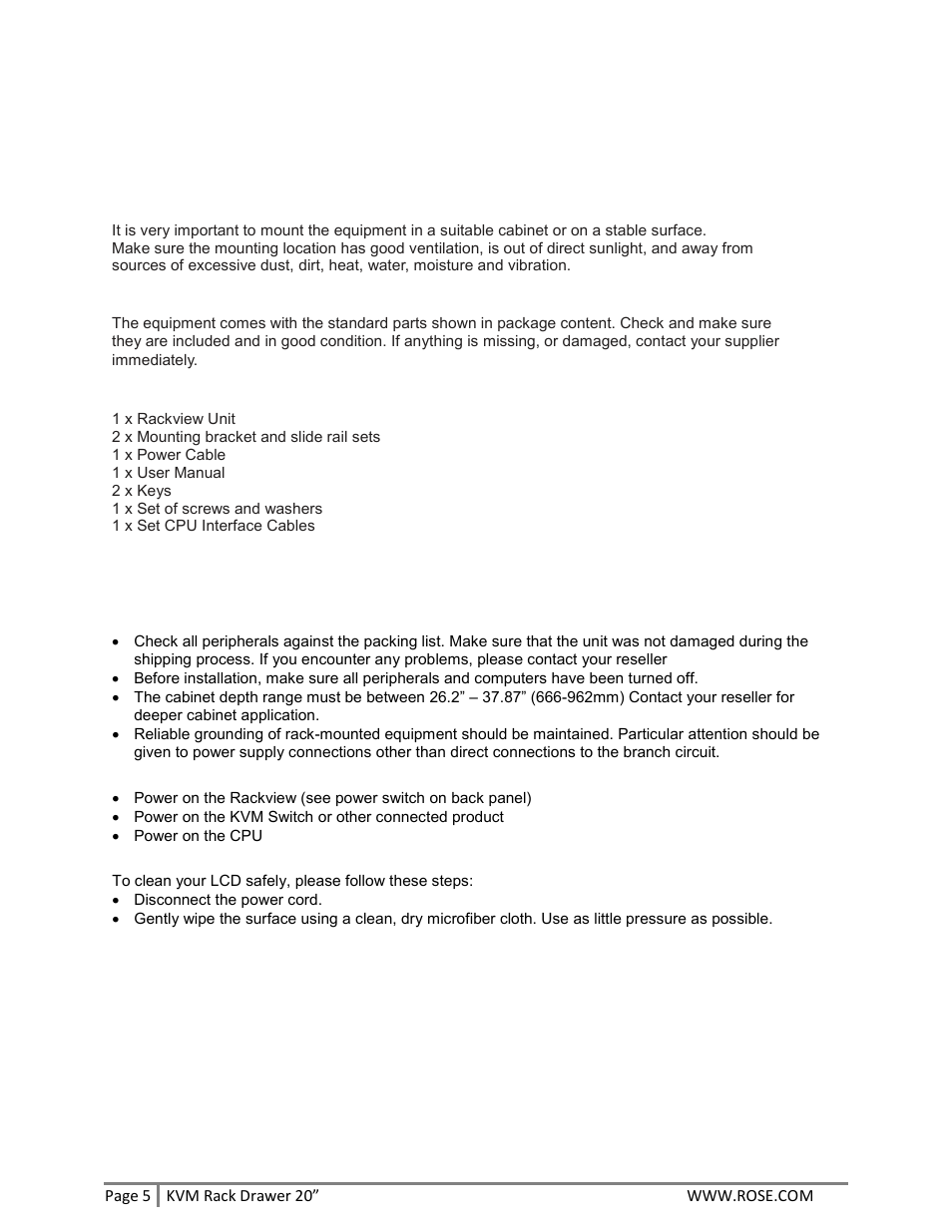 Pre-installation and package contents | Rose Electronics RackView 20 User Manual | Page 5 / 16