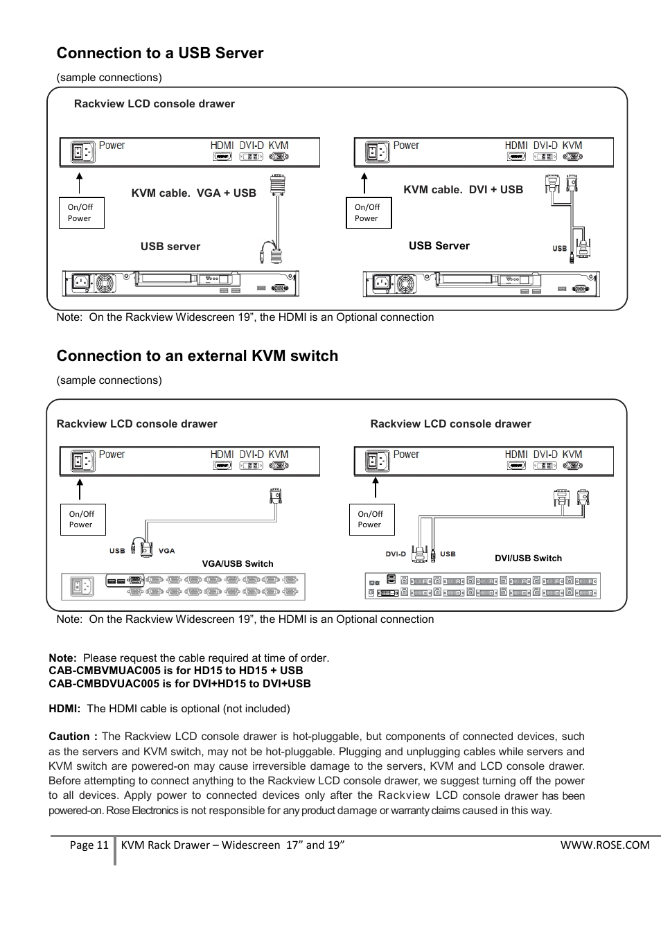 Connection to a usb server, Connection to an external kvm switch | Rose Electronics RackView Widescreen 19 User Manual | Page 11 / 18