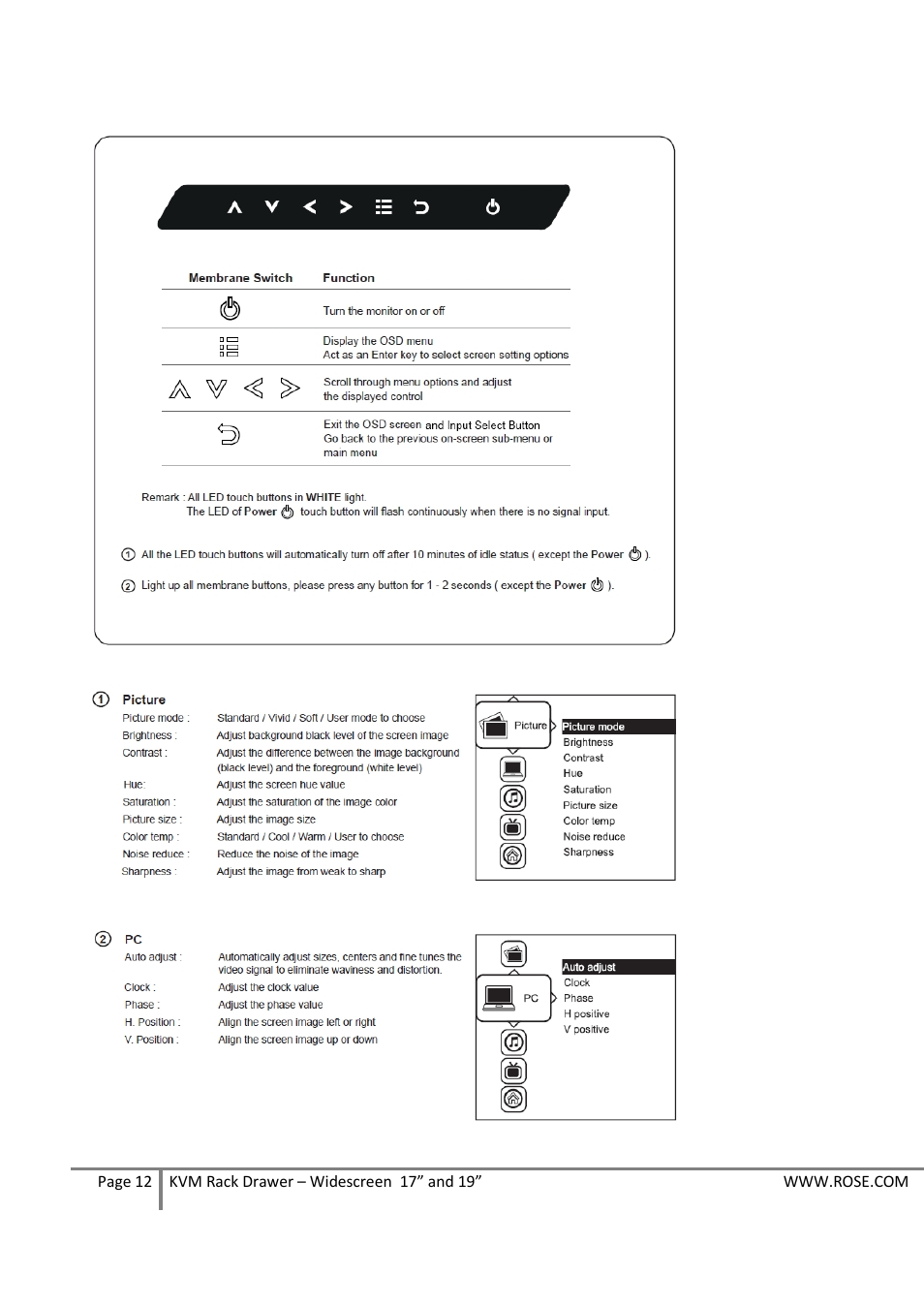 On-screen display operation ( osd ) | Rose Electronics RackView Widescreen 19 User Manual | Page 12 / 18