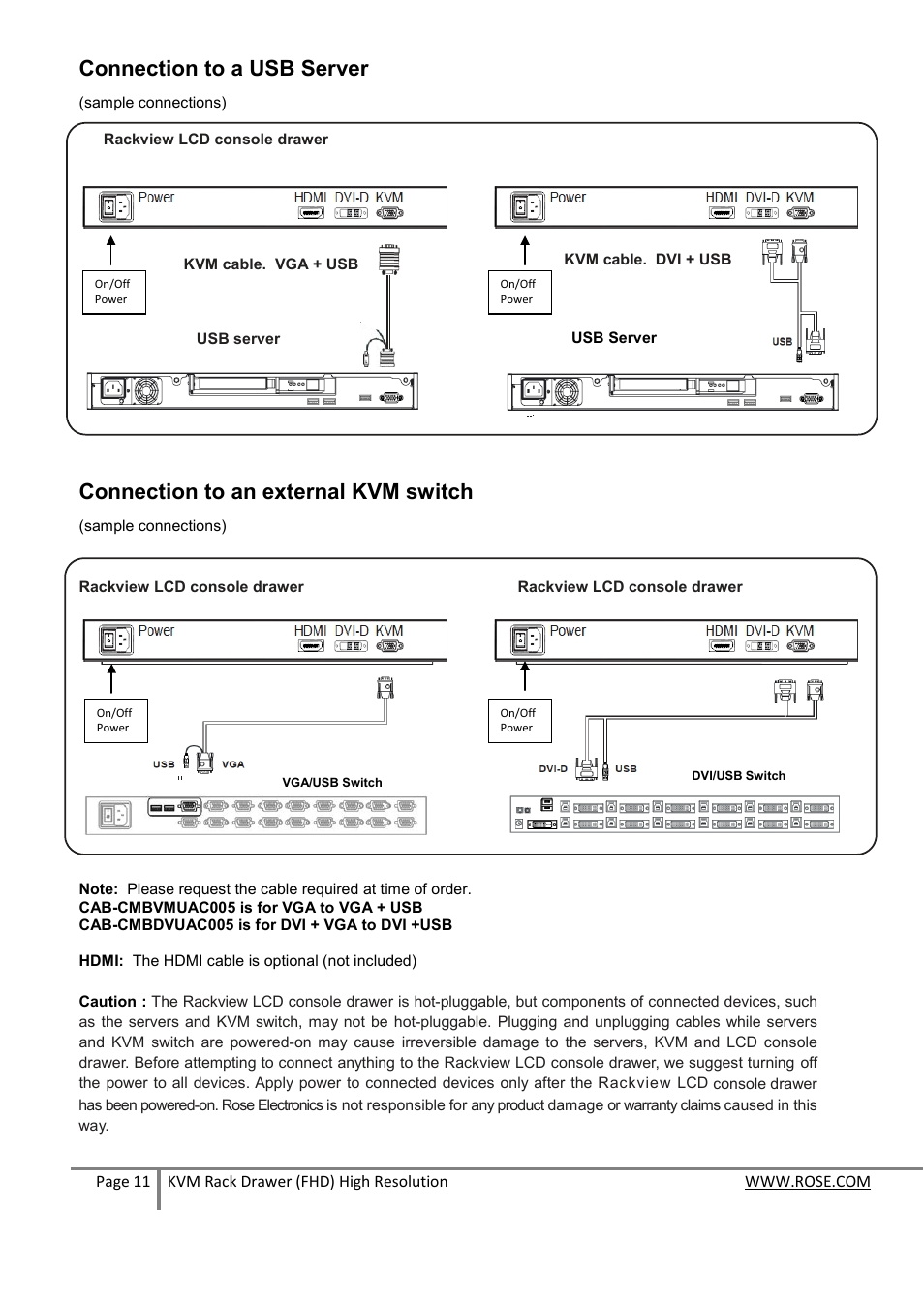 Connection to a usb server, Connection to an external kvm switch | Rose Electronics RackView High Res User Manual | Page 11 / 17