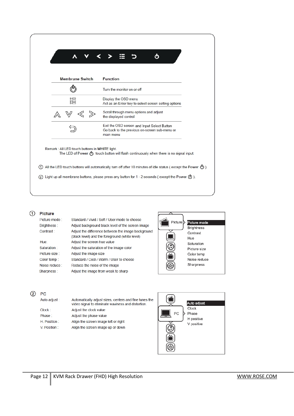 On-screen display operation ( osd ) | Rose Electronics RackView High Res User Manual | Page 12 / 17