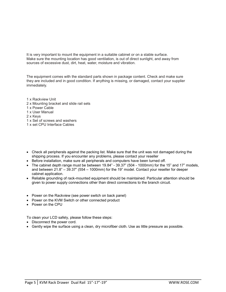 Pre-installation and package contents | Rose Electronics RackView Dual Rail User Manual | Page 5 / 16