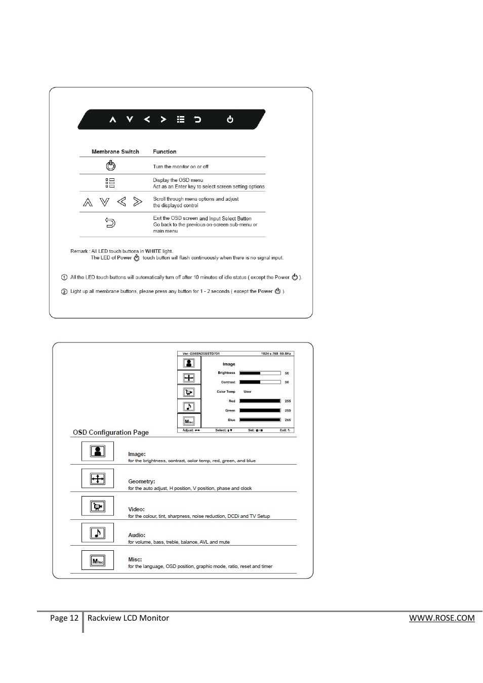 On-screen display operation ( osd ) | Rose Electronics RackView LCD Monitor User Manual | Page 12 / 20