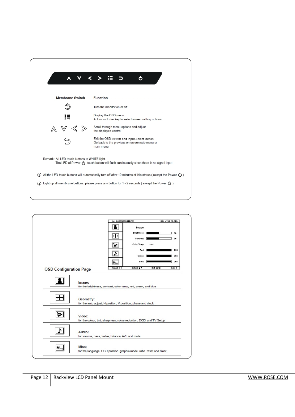 On-screen display operation ( osd ) | Rose Electronics RackView Panel Mount User Manual | Page 12 / 20