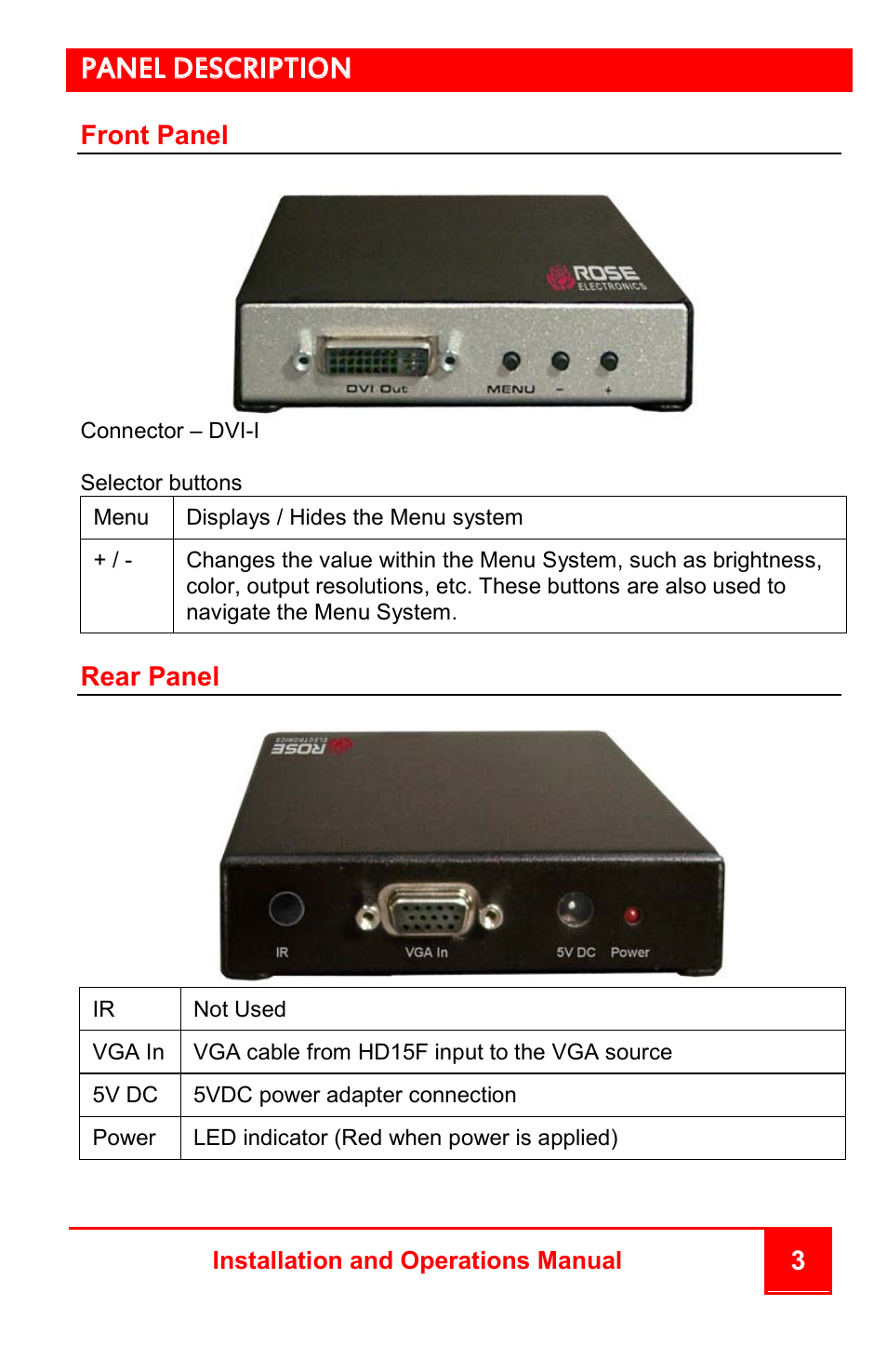 Panel description, 3front panel, Rear panel | Rose Electronics VGA to DVI Converter User Manual | Page 7 / 16