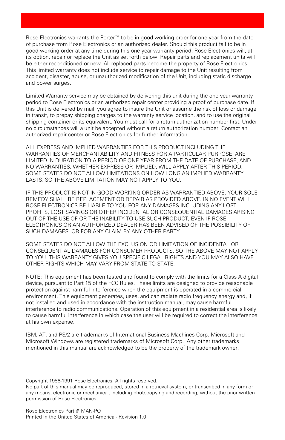 Limited warranty | Rose Electronics Porter User Manual | Page 3 / 40
