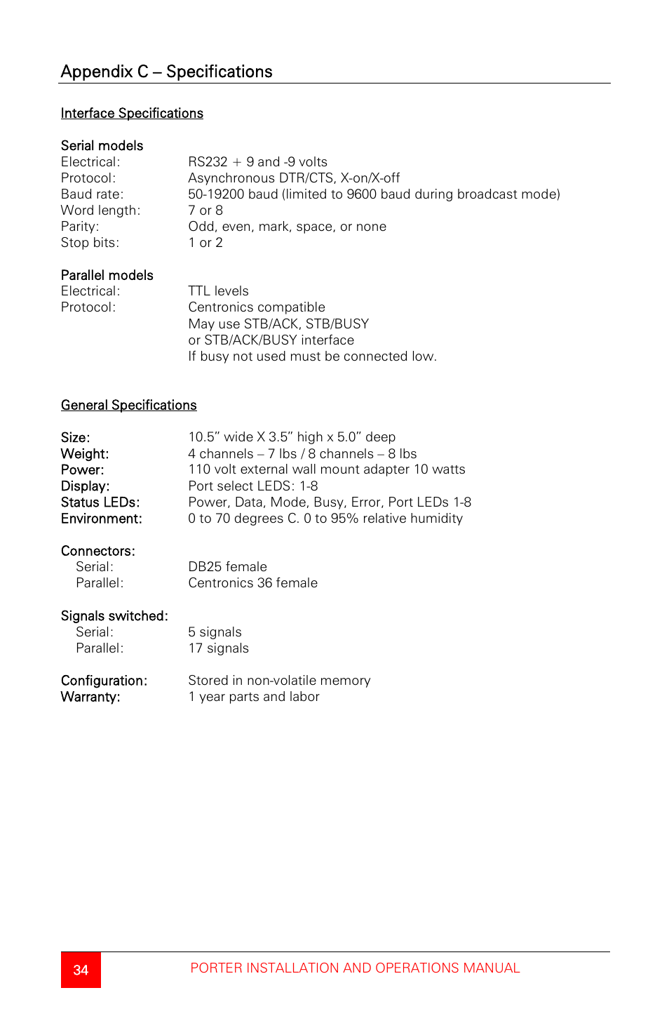 Appendix c – specifications | Rose Electronics Porter User Manual | Page 38 / 40