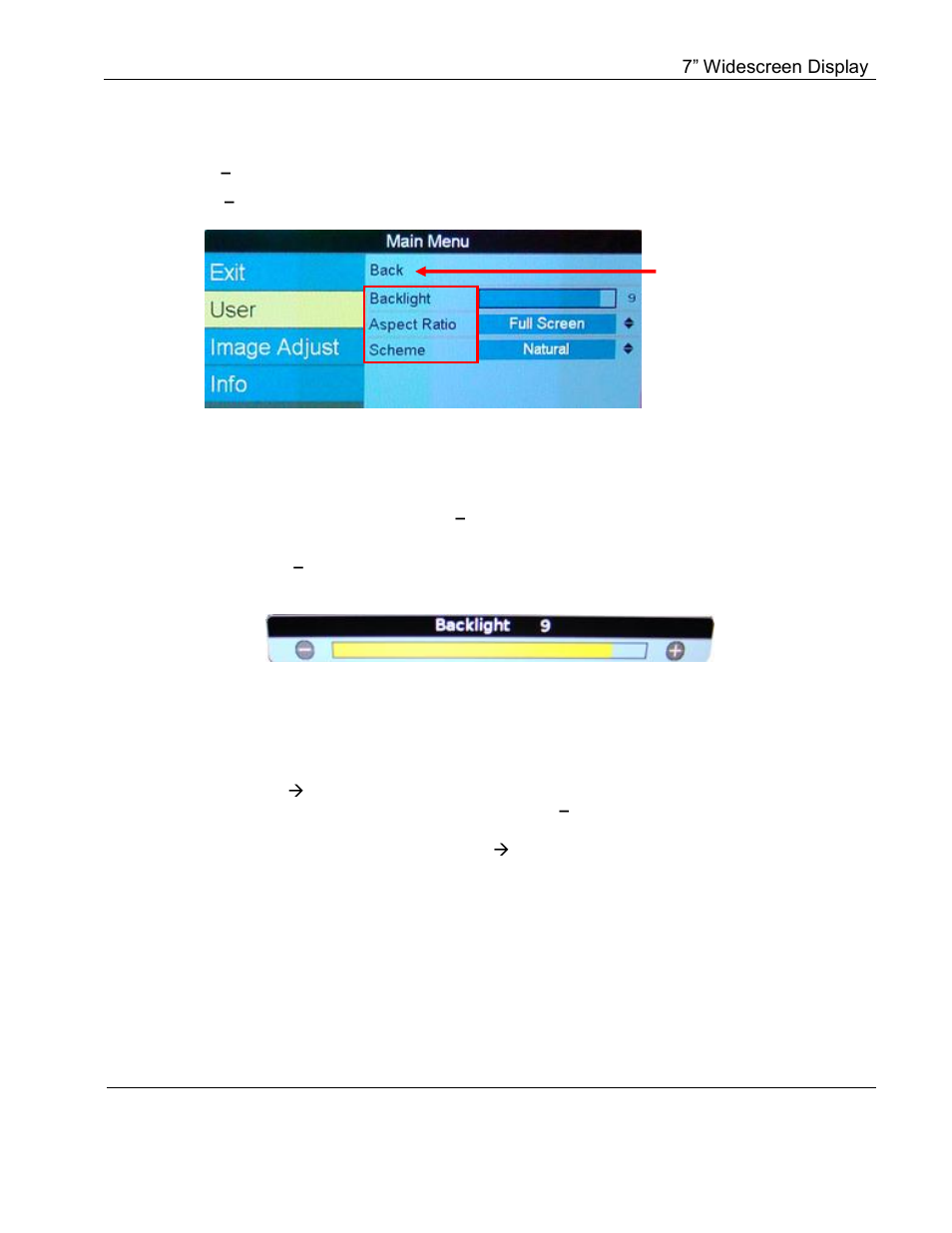 User menu, Backlight, Aspect ratio | Rosen Aviation 7004 Series : 7 inch WideScreen User Manual | Page 16 / 31