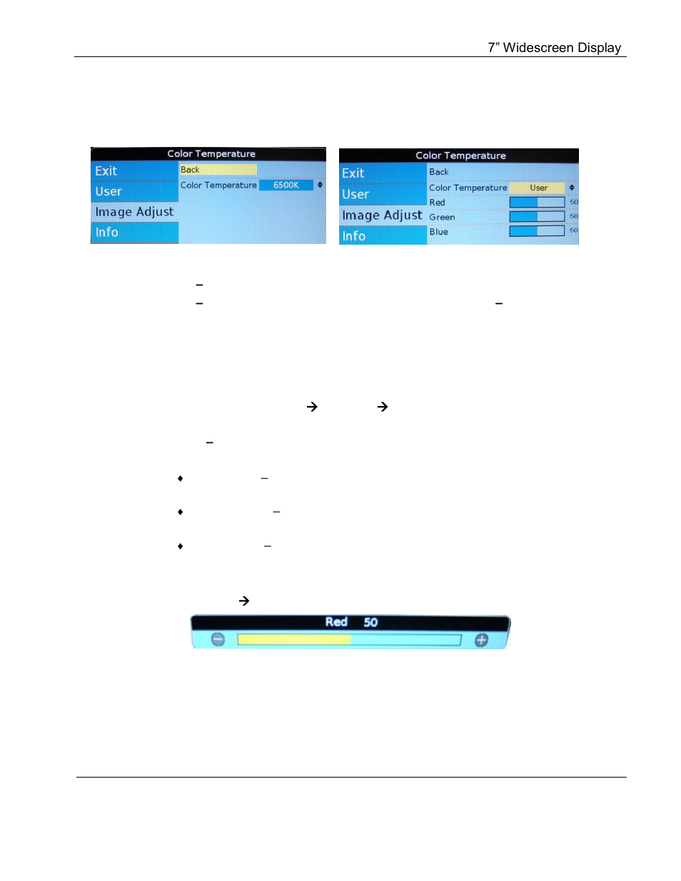 Color temperature, Color levels: red, green, blue | Rosen Aviation 7004 Series : 7 inch WideScreen User Manual | Page 19 / 31